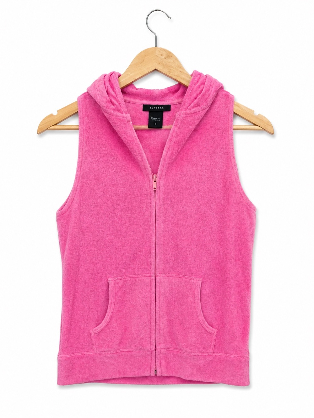 Vintage Express Pink Terry Cloth Hoodie Vest | Y2K Sleeveless Zip Up Hoodie | Ve